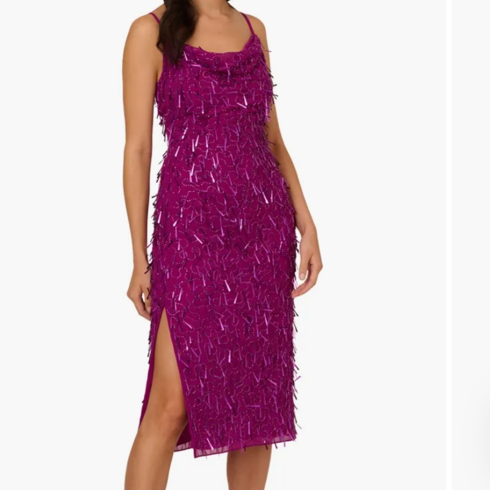 NWT Liv Foster Mixed Bead Cowl Neck Cocktail Midi Dress Size 2 Sequin Fringe